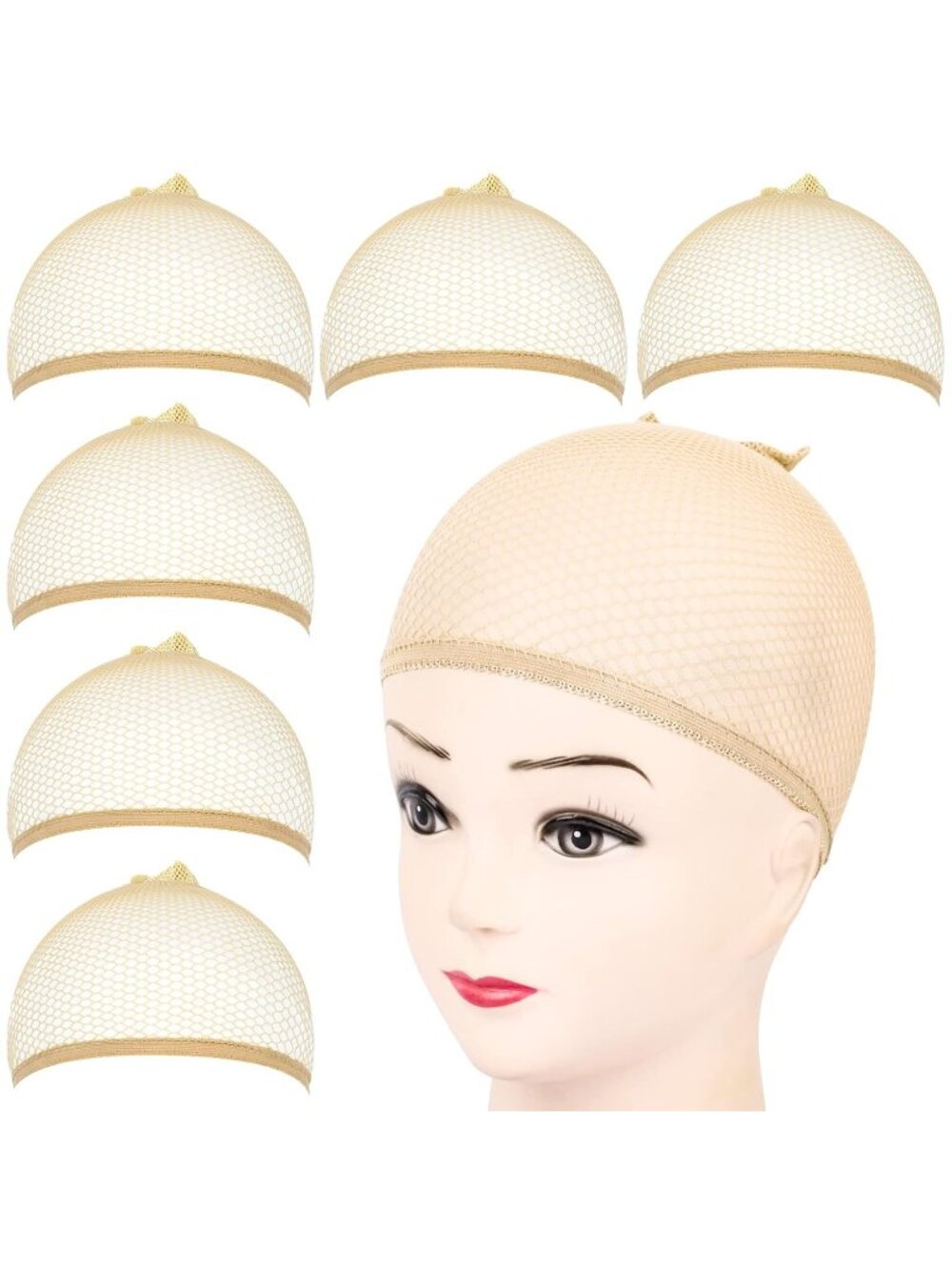 Women's Beige 6 Pcs Closed End Hair Mesh Net Liner Weaving Cosplay Wigs Cap